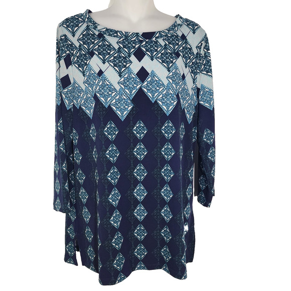 Chico's Easywear Tunic Top Size 1 Medium Blue Green 3/4 Sleeve Geometric Diamond - Picture 1 of 10